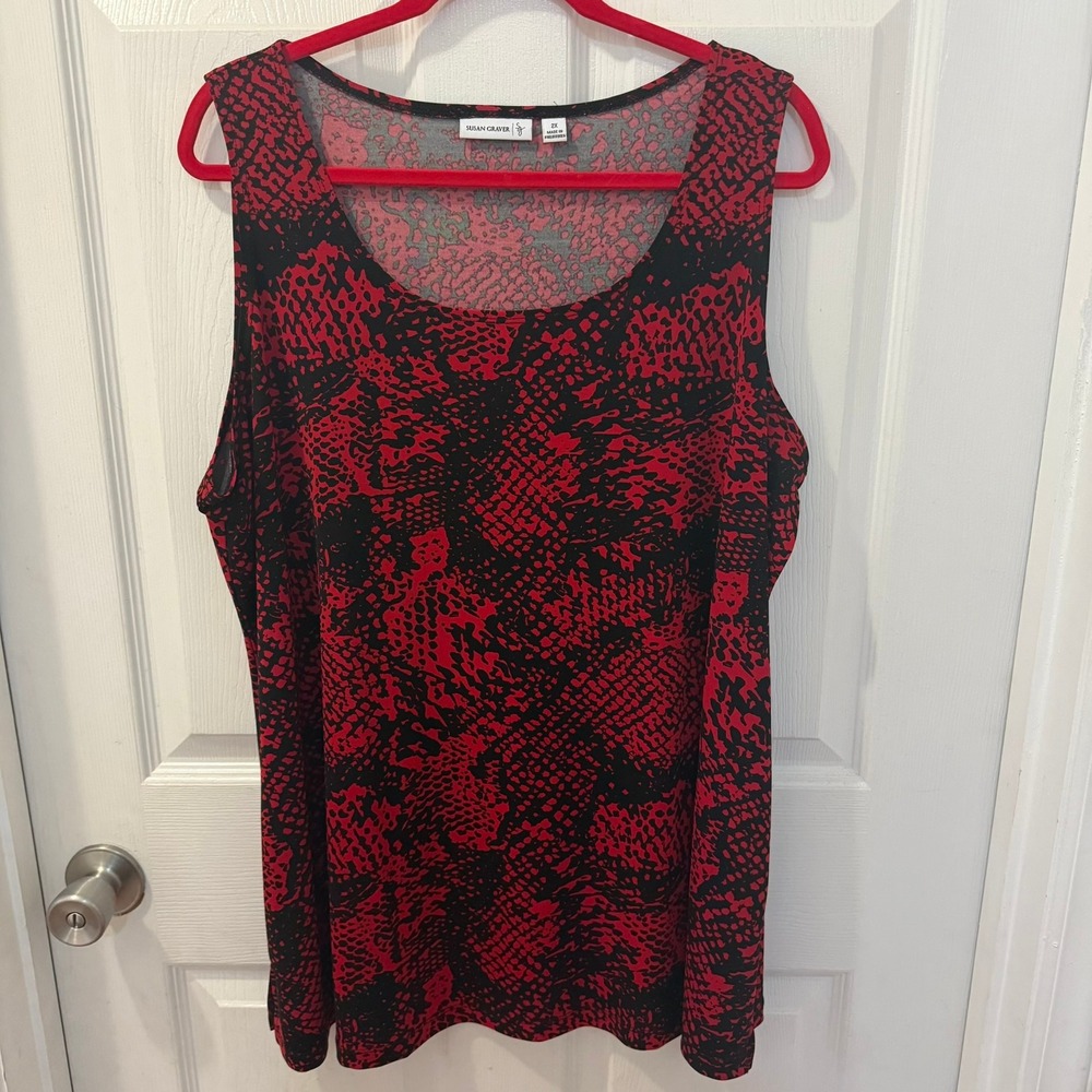Susan Graver Plus Size 2X Red Black Snake Print Sleeveless Liquid Tank Top Shirt